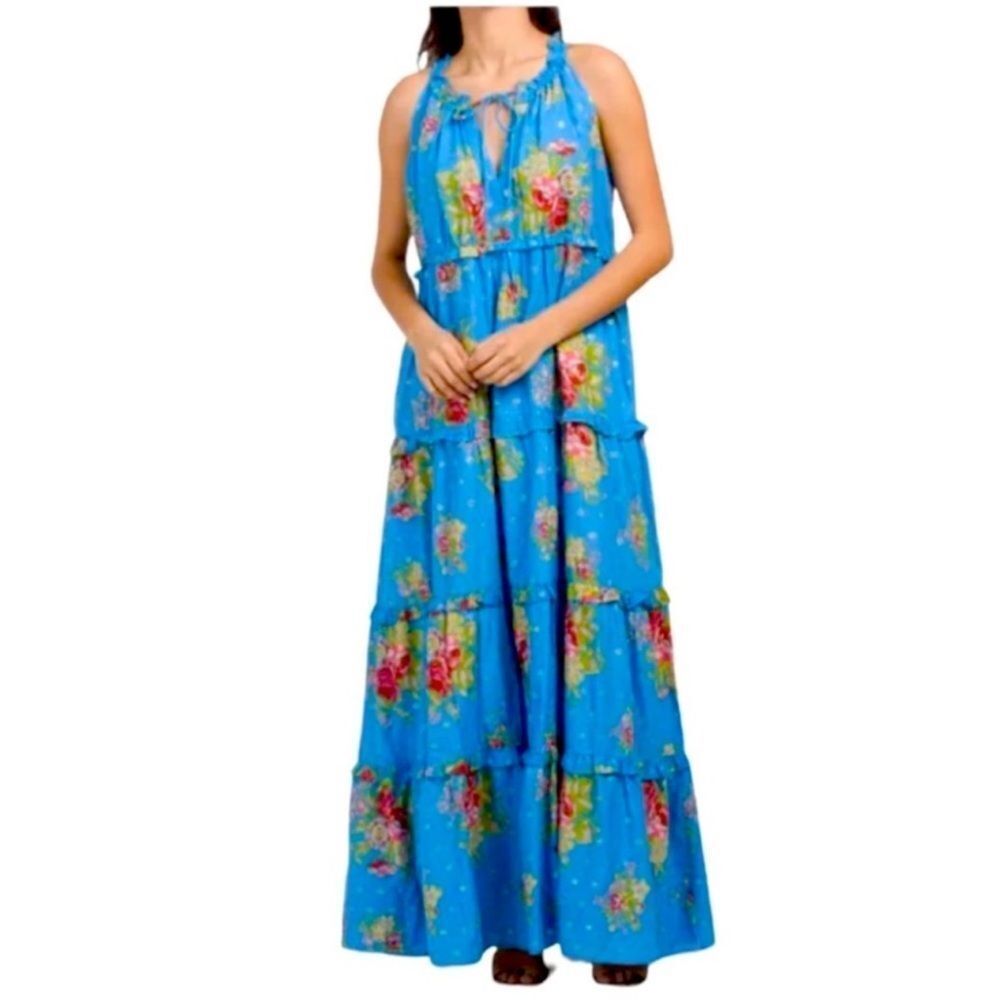 NWT House of Harlow 1960 Helena tiered cotton floral maxi dress blue Small